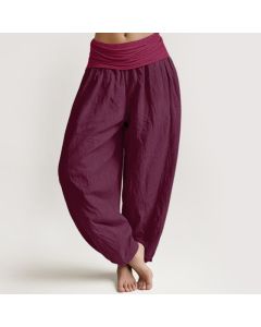 Buddha Stones Pure Cotton Plain Maroon Women's Elastic Waist Harem Pants - Maroon / US16，UK/AU20，EU48 (3XL)