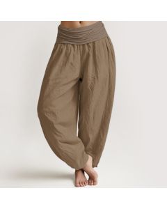 Buddha Stones Pure Cotton Plain Tan Women's Elastic Waist Harem Pants - Tan / US16，UK/AU20，EU48 (3XL)