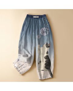 Buddha Stones Pure Cotton Playful Cat Dandelion Pattern Frog Button Women's Elastic Waist Harem Pants With Pockets - Teal / US2，UK/AU6，EU34 (XS)