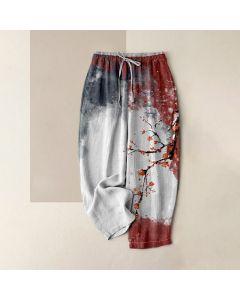 Buddha Stones Pure Cotton Plum Blossom Snow Pattern Women's Elastic Waist Pants With Pockets - DarkSeaGreen / US16，UK/AU20，EU48 (3XL)