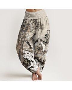 Buddha Stones Pure Cotton Red-crowned Crane Stream Pattern Women's Elastic Waist Harem Pants - LightGreen / US8-10，UK/AU12-14，EU40-42 (L)