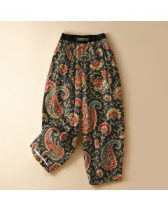 Buddha Stones Pure Cotton Retro Floral Scroll Pattern Frog Button Women's Elastic Waist Harem Pants With Pockets - ForestGreen / US6,UK/AU10,EU38 (M)