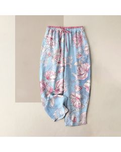 Buddha Stones Pure Cotton Romantic Pink Floral Pattern Women's Elastic Waist Pants With Pockets - Yellow / US16，UK/AU20，EU48 (3XL)
