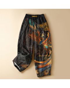 Buddha Stones Pure Cotton Royal Phoenix Feather Pattern Frog Button Women's Elastic Waist Harem Pants With Pockets - Teal / US2，UK/AU6，EU34 (XS)