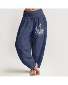 Buddha Stones Pure Cotton Sacred Lotus Moon Pattern Women's Elastic Waist Harem Pants - DarkSlateBlue / US14，UK/AU18，EU46 (2XL)