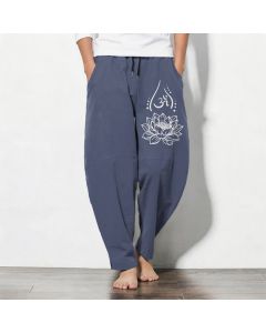 Buddha Stones Pure Cotton Sacred Lotus Om Pattern Drawstring Men's Tapered Pants With Pockets - SteelBlue / US/UK/AU38，EU48 (M)