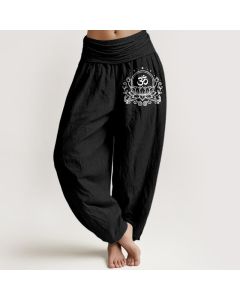 Buddha Stones Pure Cotton Sacred Lotus Om Pattern Women's Elastic Waist Harem Pants - Black / US2，UK/AU6，EU34 (XS)