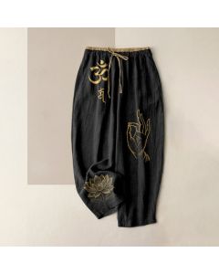 Buddha Stones Pure Cotton Sacred Om Lotus Pattern Women's Elastic Waist Pants With Pockets - Black / US4，UK/AU8，EU36 (S)