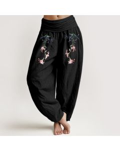 Buddha Stones Pure Cotton Simple Pastel Flower Pattern Women's Elastic Waist Harem Pants - DarkSlateBlue / US8-10，UK/AU12-14，EU40-42 (L)