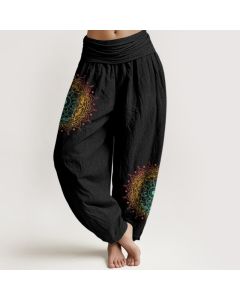 Buddha Stones Pure Cotton Simple Style Mandala Pattern Women's Elastic Waist Harem Pants - OliveDrab / US16，UK/AU20，EU48 (3XL)