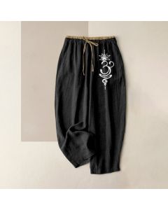 Buddha Stones Pure Cotton Spiritual Om Lotus Pattern Women's Elastic Waist Pants With Pockets - Black / US4，UK/AU8，EU36 (S)