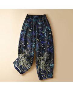 Buddha Stones Pure Cotton Starry Ocean Butterfly Koi Fish Pattern Frog Button Women's Elastic Waist Harem Pants With Pockets - Black / US2,UK/AU6,EU34 (XS)