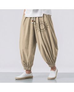 Buddha Stones Pure Cotton Sun Face Pattern Drawstring Men's Harem Pants With Pockets - Teal / US/UK/AU38，EU48 (M)