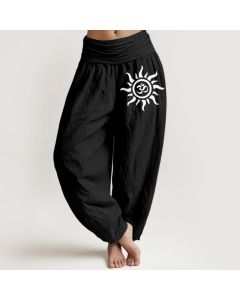Buddha Stones Pure Cotton Sun Om Pattern Women's Elastic Waist Harem Pants - OliveDrab / US16，UK/AU20，EU48 (3XL)