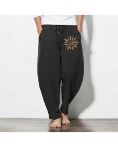 Buddha Stones Pure Cotton Sun Spiral Pattern Drawstring Men's Tapered Pants With Pockets - Teal / US/UK/AU38，EU48 (M)