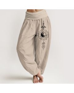 Buddha Stones Pure Cotton Sunflower Yin Yang Pattern Women's Elastic Waist Harem Pants - Tan / US2，UK/AU6，EU34 (XS)