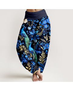 Buddha Stones Pure Cotton Teal Peacock Floral Pattern Women's Elastic Waist Harem Pants - Purple / US16，UK/AU20，EU48 (3XL)