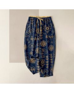 Buddha Stones Pure Cotton Tibetan Script Pattern Women's Elastic Waist Pants With Pockets - Teal / US6，UK/AU10，EU38 (M)