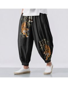Buddha Stones Pure Cotton Tiger Bamboo Pattern Drawstring Men's Harem Pants With Pockets - Black / US/UK/AU38,EU48 (M)