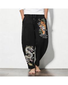 Buddha Stones Pure Cotton Tiger Dragon Pattern Drawstring Men's Tapered Pants With Pockets - Black / US/UK/AU38，EU48 (M)
