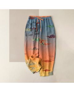 Buddha Stones Pure Cotton Traditional Cloud Pattern Women's Elastic Waist Pants With Pockets - MediumAquamarine / US4，UK/AU8，EU36 (S)