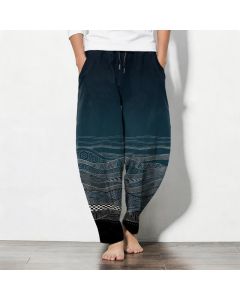 Buddha Stones Pure Cotton Tribal Wave Pattern Drawstring Men's Tapered Pants With Pockets - Teal / US/UK/AU48，EU58 (4XL)