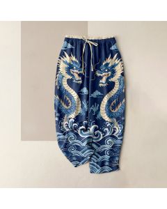 Buddha Stones Pure Cotton Twin Dragon Wave Pattern Women's Elastic Waist Pants With Pockets - Navy / US4，UK/AU8，EU36 (S)
