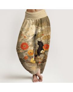 Buddha Stones Pure Cotton Vintage Black Cat Floral Pattern Women's Elastic Waist Harem Pants - Thistle / US6，UK/AU10，EU38 (M)