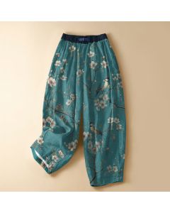 Buddha Stones Pure Cotton Vintage Blossom Bird Pattern Frog Button Women's Elastic Waist Harem Pants With Pockets - MediumTurquoise / US2,UK/AU6,EU34 (XS)