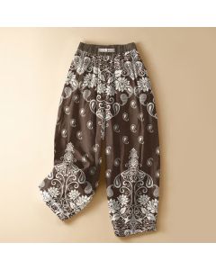 Buddha Stones Pure Cotton Vintage Border Paisley Bloom Pattern Frog Button Women's Elastic Waist Harem Pants With Pockets - MediumAquamarine / US2,UK/AU6,EU34 (XS)