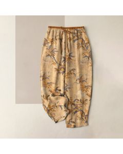 Buddha Stones Pure Cotton Vintage Botanical Floral Pattern Women's Elastic Waist Pants With Pockets - Turquoise / US4，UK/AU8，EU36 (S)