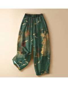 Buddha Stones Pure Cotton Vintage Crane Calligraphy Pattern Frog Button Women's Elastic Waist Harem Pants With Pockets - Teal / US2,UK/AU6,EU34 (XS)