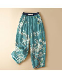 Buddha Stones Pure Cotton Vintage Floral Branch Pattern Frog Button Women's Elastic Waist Harem Pants With Pockets - MediumTurquoise / US2,UK/AU6,EU34 (XS)