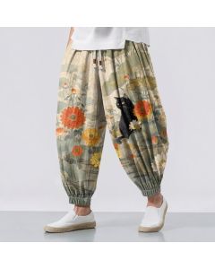 Buddha Stones Pure Cotton Vintage Floral Lotus Cat Pattern Drawstring Men's Harem Pants With Pockets - Beige / US/UK/AU38，EU48 (M)