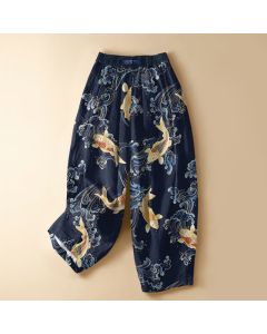 Buddha Stones Pure Cotton Vintage Koi Wave Pattern Frog Button Women's Elastic Waist Harem Pants With Pockets - Navy / US2，UK/AU6，EU34 (XS)