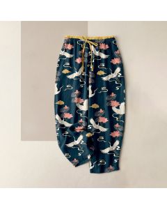 Buddha Stones Pure Cotton Vintage Lotus Crane Pattern Women's Elastic Waist Pants With Pockets - DarkSlateGray / US4，UK/AU8，EU36 (S)