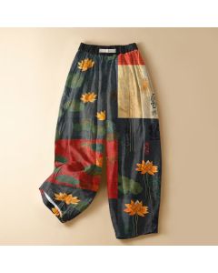 Buddha Stones Pure Cotton Vintage Lotus Patchwork Pattern Frog Button Women's Elastic Waist Harem Pants With Pockets - Black / US2，UK/AU6，EU34 (XS)