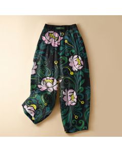 Buddha Stones Pure Cotton Vintage Lotus Vine Pattern Frog Button Women's Elastic Waist Harem Pants With Pockets - SteelBlue / US2，UK/AU6，EU34 (XS)