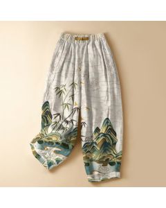 Buddha Stones Pure Cotton Vintage Mountain Bamboo Pattern Frog Button Women's Elastic Waist Harem Pants With Pockets - Beige / US2，UK/AU6，EU34 (XS)