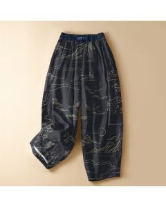 Buddha Stones Pure Cotton Vintage Mountain Cloud Pattern Frog Button Women's Elastic Waist Harem Pants With Pockets - Teal / US2，UK/AU6，EU34 (XS)