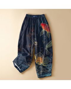Buddha Stones Pure Cotton Vintage Red Koi Fish Lotus Pattern Frog Button Women's Elastic Waist Harem Pants With Pockets - Navy / US2，UK/AU6，EU34 (XS)