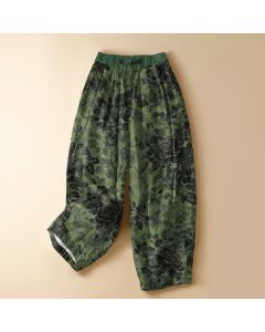 Buddha Stones Pure Cotton Vintage Rose Floral Pattern Frog Button Women's Elastic Waist Harem Pants With Pockets - ForestGreen / US2，UK/AU6，EU34 (XS)