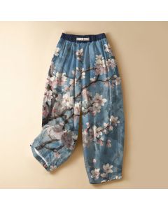 Buddha Stones Pure Cotton Vintage Sakura Branch Pattern Frog Button Women's Elastic Waist Harem Pants With Pockets - LightSkyBlue / US2，UK/AU6，EU34 (XS)
