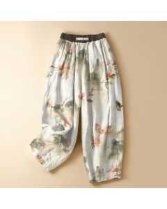 Buddha Stones Pure Cotton Watercolor Floral Butterfly Pattern Frog Button Women's Elastic Waist Harem Pants With Pockets - Ivory / US2，UK/AU6，EU34 (XS)