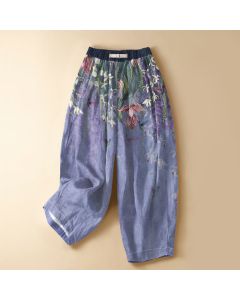 Buddha Stones Pure Cotton Watercolor Floral Hummingbird Pattern Frog Button Women's Elastic Waist Harem Pants With Pockets - MediumTurquoise / US2，UK/AU6，EU34 (XS)