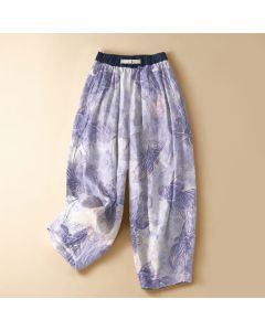 Buddha Stones Pure Cotton Watercolor Goldfish Pattern Frog Button Women's Elastic Waist Harem Pants With Pockets - Lavender / US2，UK/AU6，EU34 (XS)