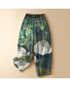 Buddha Stones Pure Cotton Watercolor White Lotus Leaf Pattern Frog Button Women's Elastic Waist Harem Pants With Pockets - SeaGreen / US2，UK/AU6，EU34 (XS)