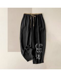 Buddha Stones Pure Cotton Whimsical Cat Pattern Women's Elastic Waist Pants With Pockets - SaddleBrown / US16，UK/AU20，EU48 (3XL)