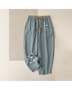 Buddha Stones Pure Cotton White Butterfly Pattern Women's Elastic Waist Pants With Pockets - SaddleBrown / US16，UK/AU20，EU48 (3XL)