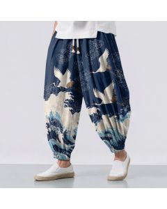 Buddha Stones Pure Cotton White Crane Wave Pattern Drawstring Men's Harem Pants With Pockets - Navy / US/UK/AU38，EU48 (M)